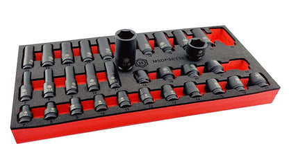 Britool Hallmark 32 piece 3/8" drive standard and deep hexagon impact socket set covering sizes 7 to 22mm supplied in tool control tray.