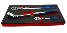 Britool Hallmark 3 piece flex head extending ratchet set 1/4 3/8 and 1/2 inch drive 72 tooth ratchets in EVA tool control foam