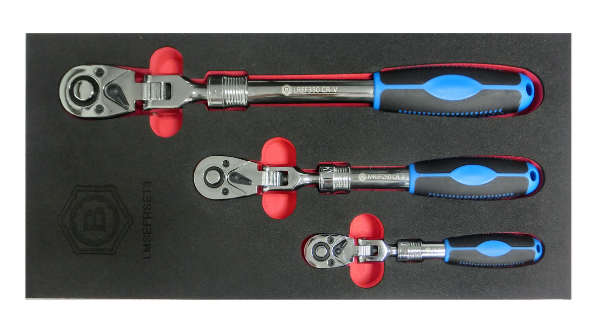Britool Hallmark 3pc flexi head reversible ratchets with extending shafts, shown as full 3 piece set in tool control foam.