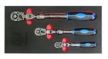 Britool Hallmark 3pc flexi head reversible ratchets with extending shafts, shown as full 3 piece set in tool control foam.