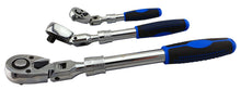 1/4", 3/8" and 1/2" Britool Hallmark extending flexi head ratchets with quick release socket button and pear head design.