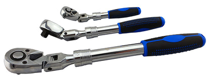 1/4", 3/8" and 1/2" Britool Hallmark extending flexi head ratchets with quick release socket button and pear head design.