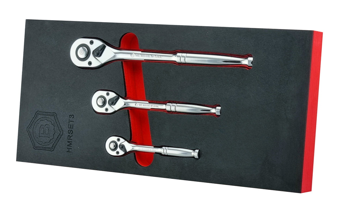 3 piece fine tooth ratchet set from Britool Hallmark, containing 1/4", 3/8" and 1/2" drive ratchets in a tool control foam.