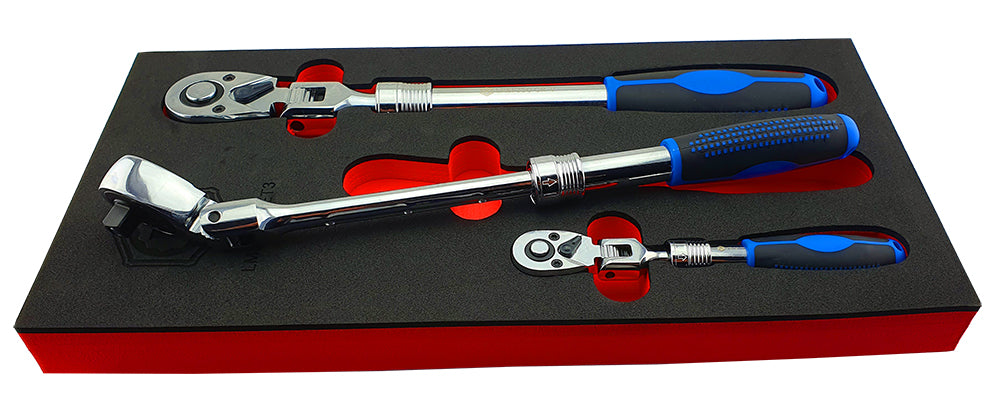 Britool Hallmark three piece extending flex head ratchet set with 1/4 3/8 and 1/2 inch drives supplied in EVA tool control foam