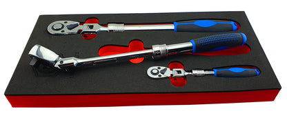 Britool Hallmark three piece extending flex head ratchet set with 1/4 3/8 and 1/2 inch drives supplied in EVA tool control foam
