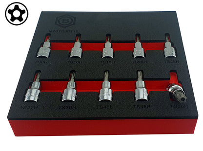 Britool Hallmark 10pc 3/8 inch drive 5 point tamperproof Torx Plus TS bit socket set TS8 to TS50 in tool control foam
