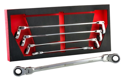 5pc extra long double flexi ratchet ring spanner set from Britool Hallmark, covers sizes 8-19mm and supplied in tool control foam tray.