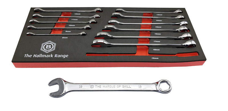 12 piece combination spanner set with 6 point hexagon ring end from Britool Hallmark.  Covering sizes 8-19mm and supplied in tool control foam tray for storage.