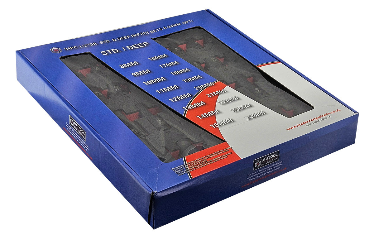 Britool Hallmark 34 piece impact socket set 1/2 drive, 8-24mm , showing external packaging.