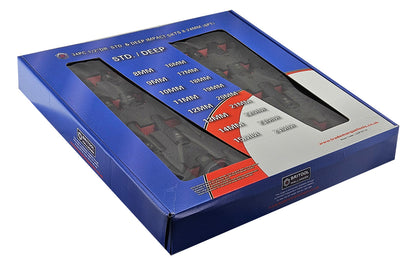 Britool Hallmark 34 piece impact socket set 1/2 drive, 8-24mm , showing external packaging.