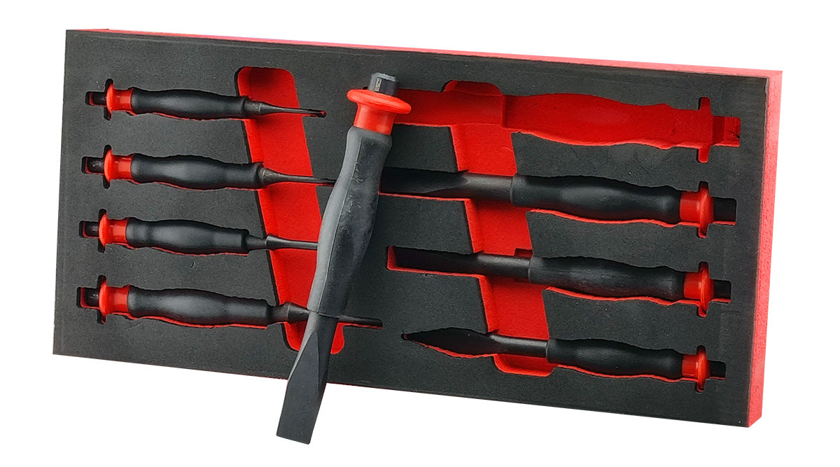 Britool Hallmark 8 piece punch and chisel set with heavy duty impact resistant handles, supplied in tool control foam tray.