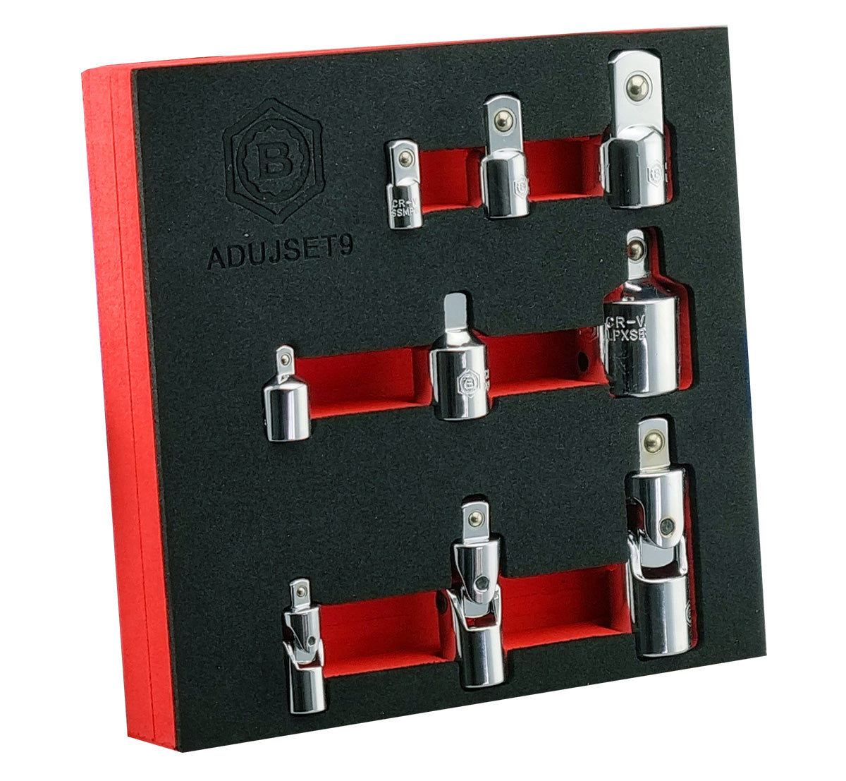Britool Hallmark 9 piece chrome step up and step down socket adaptors and universal joints, supplied in tool control foam tray.