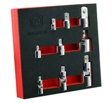 Britool Hallmark 9 piece chrome step up and step down socket adaptors and universal joints, supplied in tool control foam tray.