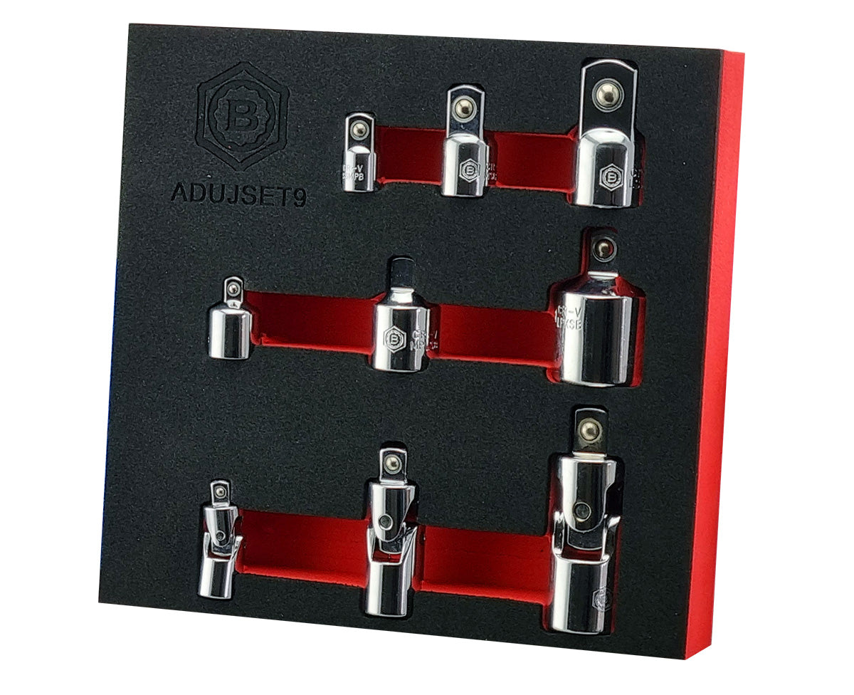 Britool Hallmark 9 piece set of chrome socket adaptors and UJ's in 1/4", 3/8" and 1/2" drives.  Supplied in branded tool control foam tray.