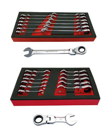 Britool Hallmark flexi ratchet spanner and stubby flexi ratchet spanner sets 8mm to 21mm with 72 tooth mechanisms in tool control foam