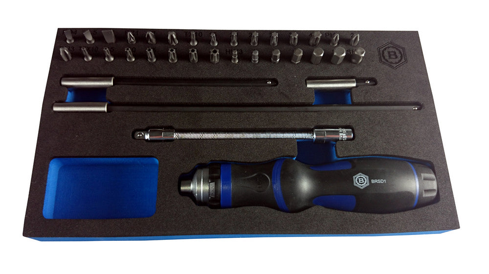 35 piece ratcheting screwdriver set from Britool Hallmark shown in tool control foam.