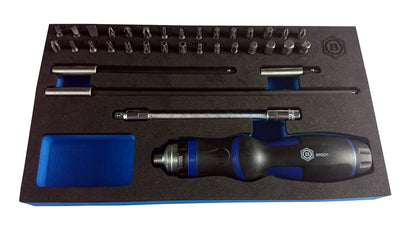 35 piece ratcheting screwdriver set from Britool Hallmark shown in tool control foam.