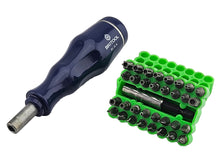 Britool Hallmark stubby screwdriver bit holder with blue branded handle alongside 33pc free bit set.
