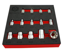 A set of chrome-plated E-Torx sockets organized in a tool control foam tray with red and black compartments, labeled with sizes from E4 to E24 and the Britool Hallmark logo.