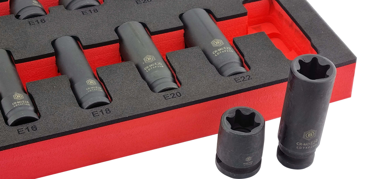 Britool Hallmark 1/2" drive close up image of deep and standard E-Torx impact sockets from set