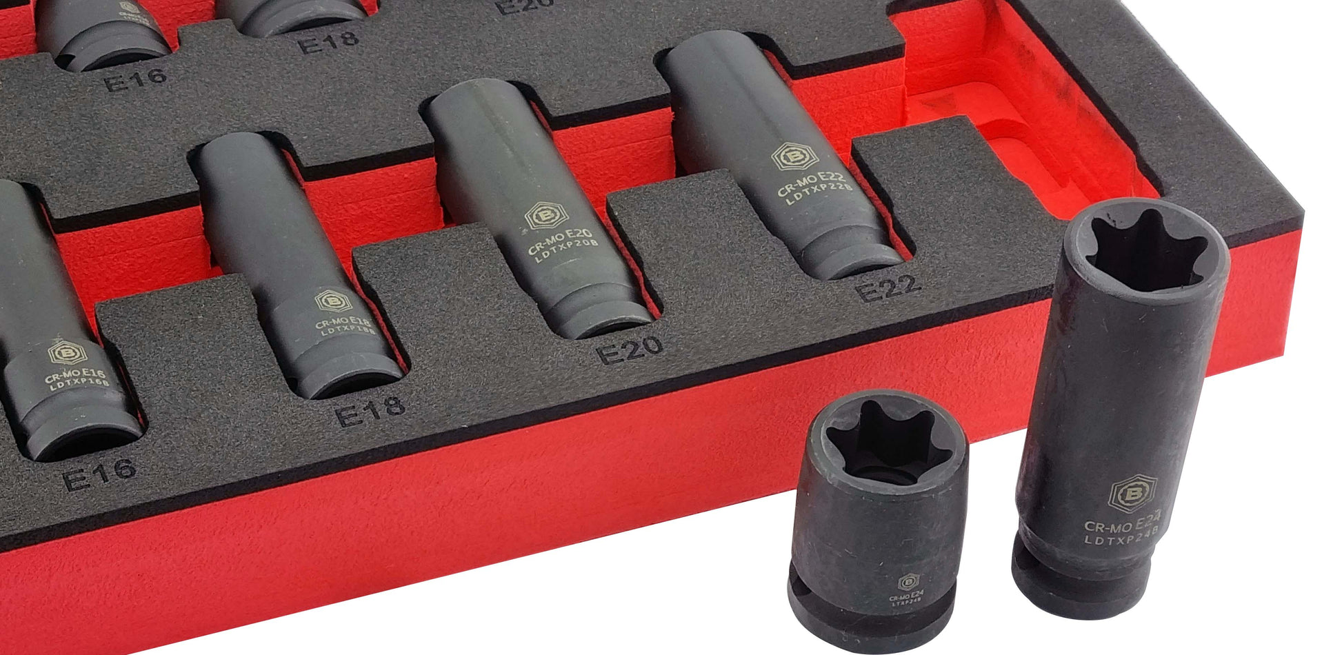 Britool Hallmark 1/2" drive close up image of deep and standard E-Torx impact sockets from set