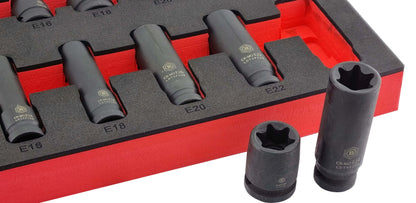 Britool Hallmark 1/2" drive close up image of deep and standard E-Torx impact sockets from set