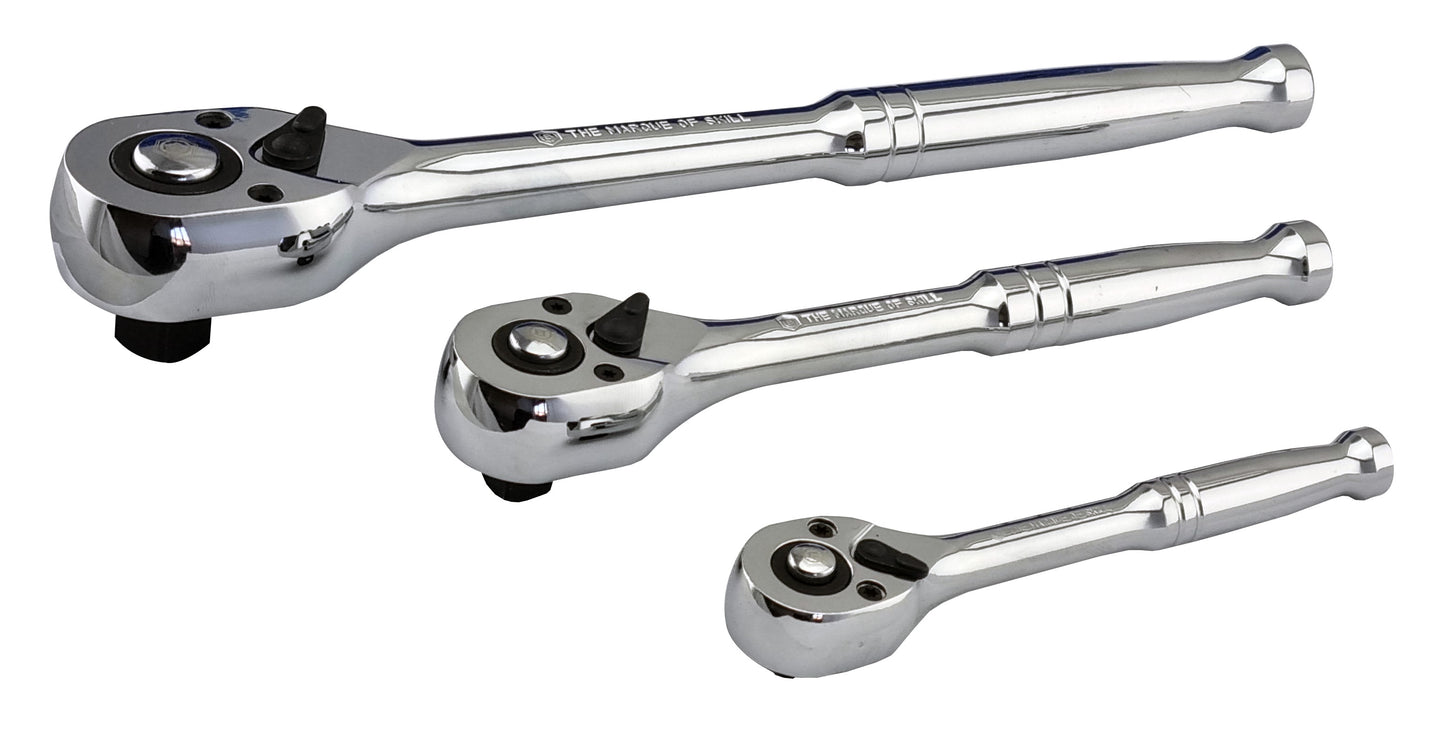 Britool Hallmark full chrome fine tooth reversible ratchets in 1/4", 3/8" and 1/2" drives.