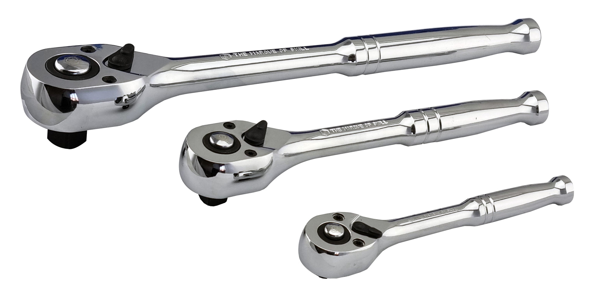 Britool Hallmark full chrome fine tooth reversible ratchets in 1/4", 3/8" and 1/2" drives.