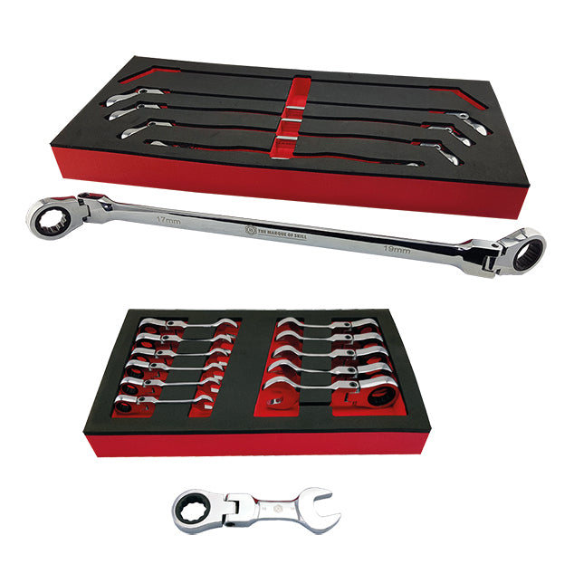 Twin pack of Britool Hallmark flexi ratchet spanner sets, contains 5pc double flexi ratchet set and 12pc stubby flexi ratchet wrench set.