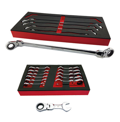 Twin pack of Britool Hallmark flexi ratchet spanner sets, contains 5pc double flexi ratchet set and 12pc stubby flexi ratchet wrench set.