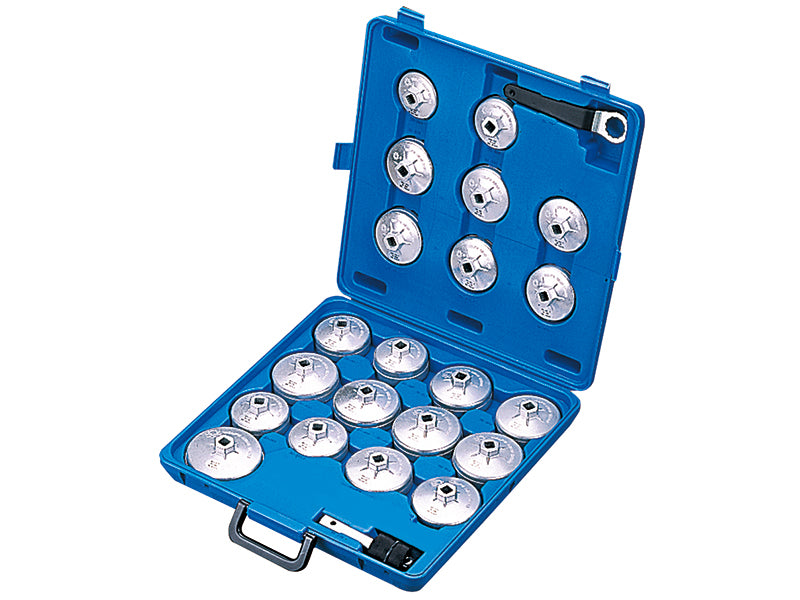Britool Hallmark HMAOF21 21 piece aluminium oil filter cap wrench set 64mm to 101mm with 1/2 inch drive and blow moulded storage case