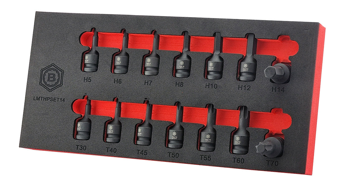 Britool Hallmark 14 piece 1/2" drive Torx and Hexagon impact bit socket set in tool control foam.