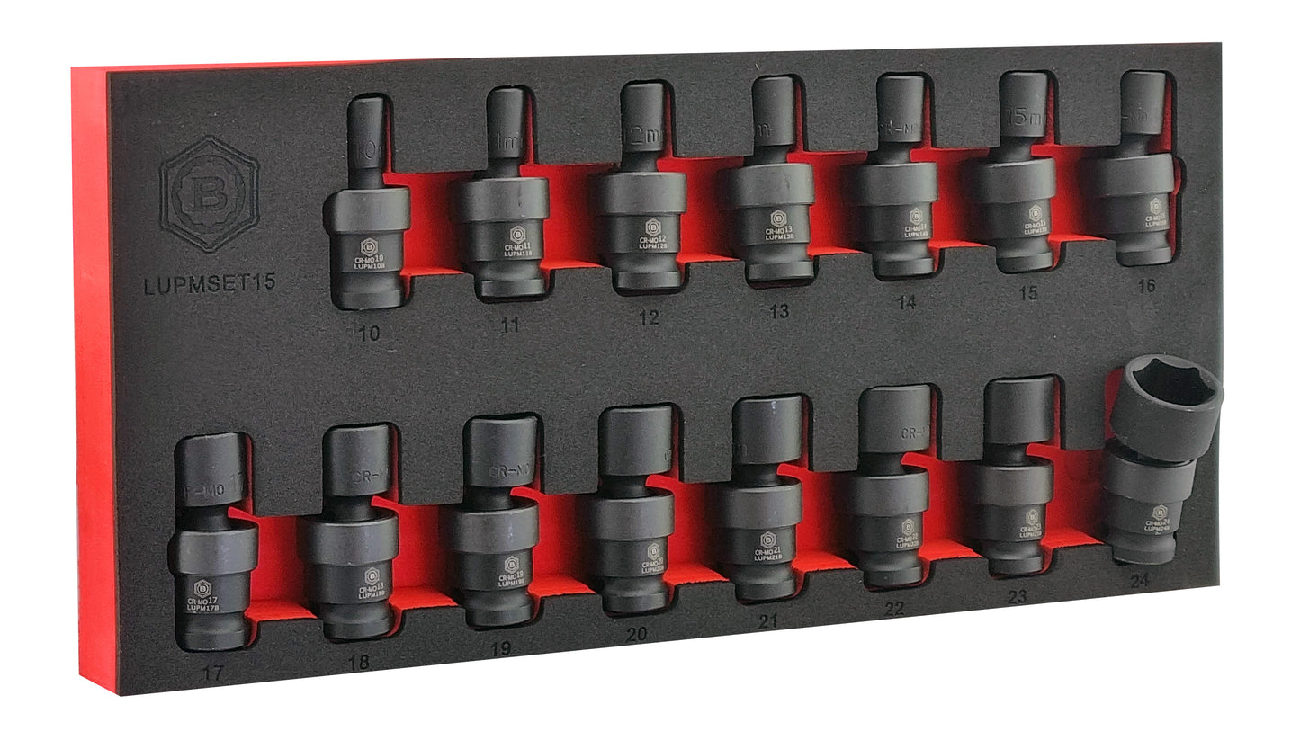 Britool Hallmark 15 piece flexi UJ impact socket set in foam tray, with branding