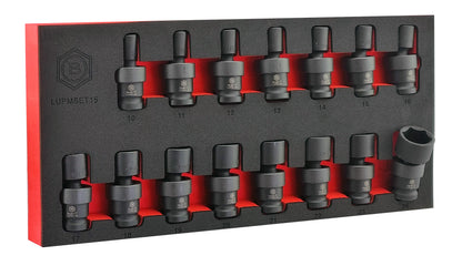 Britool Hallmark 15 piece flexi UJ impact socket set in foam tray, with branding