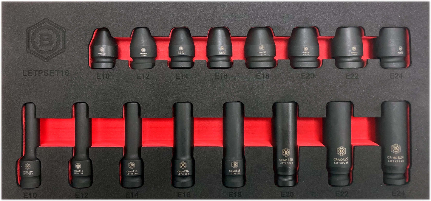 Overhead view of Britool Hallmark 16 piece 1/2" drive female E Torx impact socket set stored in EVA foam tray.