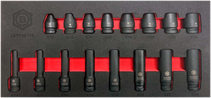 Overhead view of Britool Hallmark 16 piece 1/2" drive female E Torx impact socket set stored in EVA foam tray.