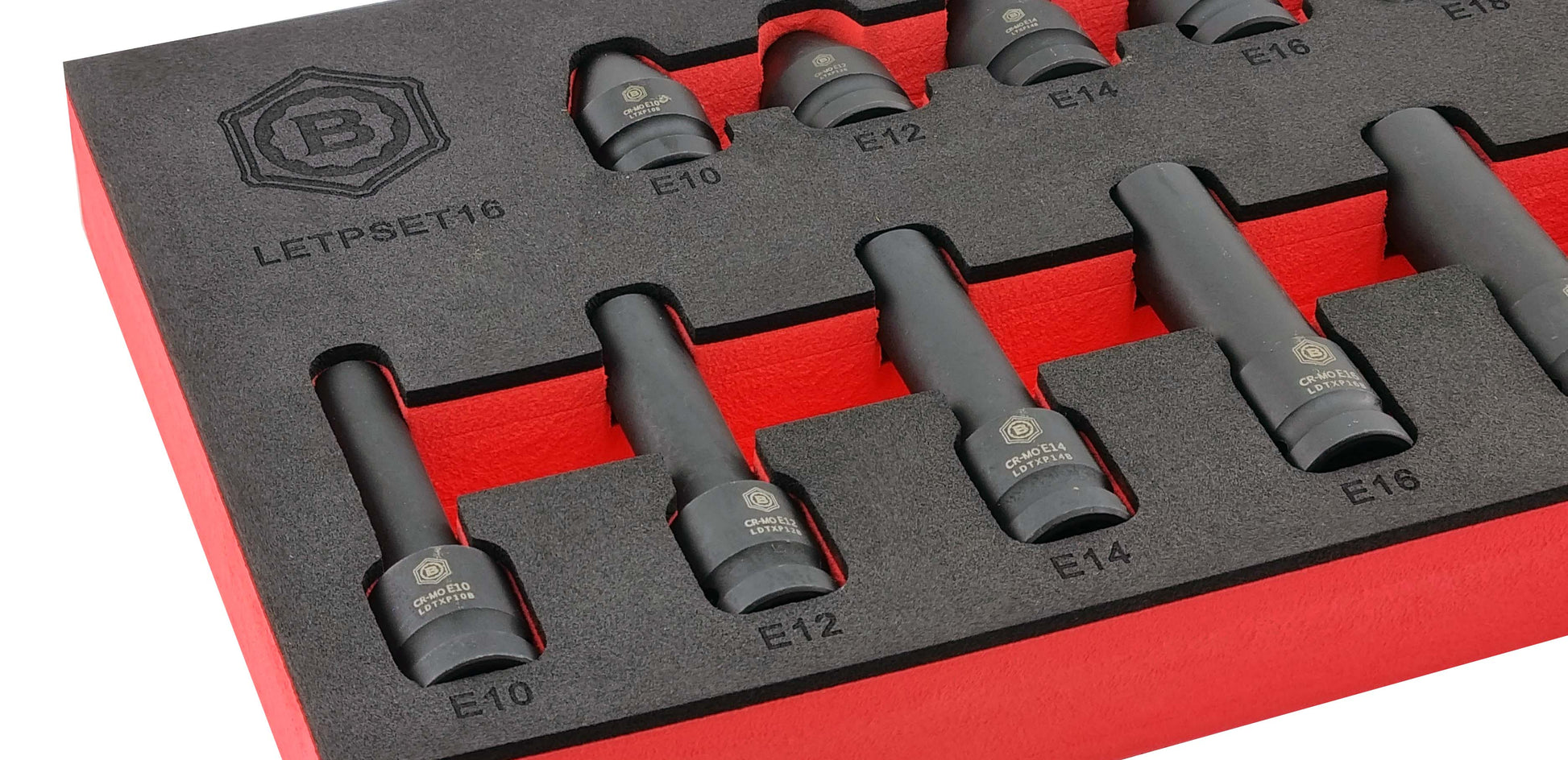 Close up image to show Britool Hallmark 1/2 drive female E torx impact sockets from LETPSET16 set.