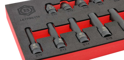 Close up image to show Britool Hallmark 1/2 drive female E torx impact sockets from LETPSET16 set.