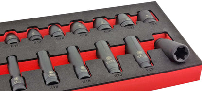 Britool Hallmark 16pc 1/2" LETPSET16  impact socket set showing the female E Torx star profile of the socket in the EVA foam storage tray.
