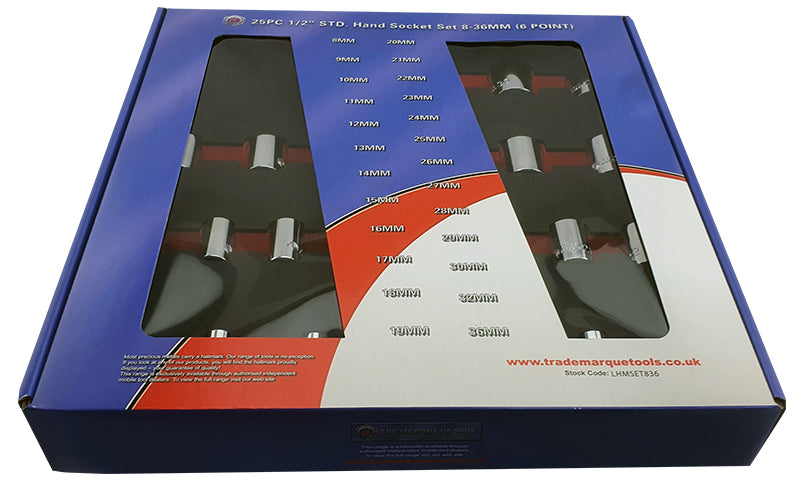 LHMSET836 1/2" drive chrome socket set from Britool Hallmark shown in its outer packaging.  Metric size range 8-36mm in tool control foam