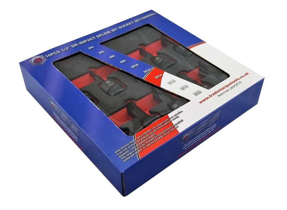Britool Hallmark LMSPSET10 spline impact socket set shown in its outer packaging box.