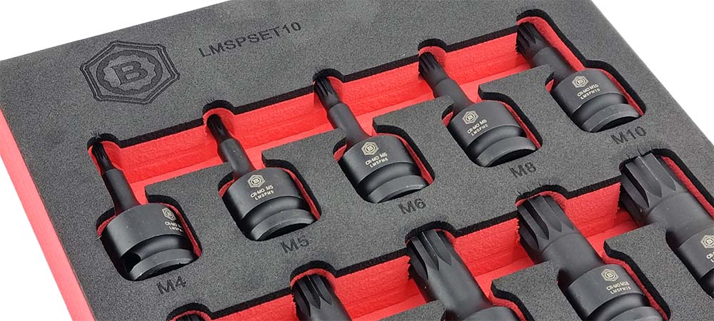 Britool Hallmark LMSPSET10 Spline Impact bit socket set, showing close up image of spline sockets in the storage foam tray.