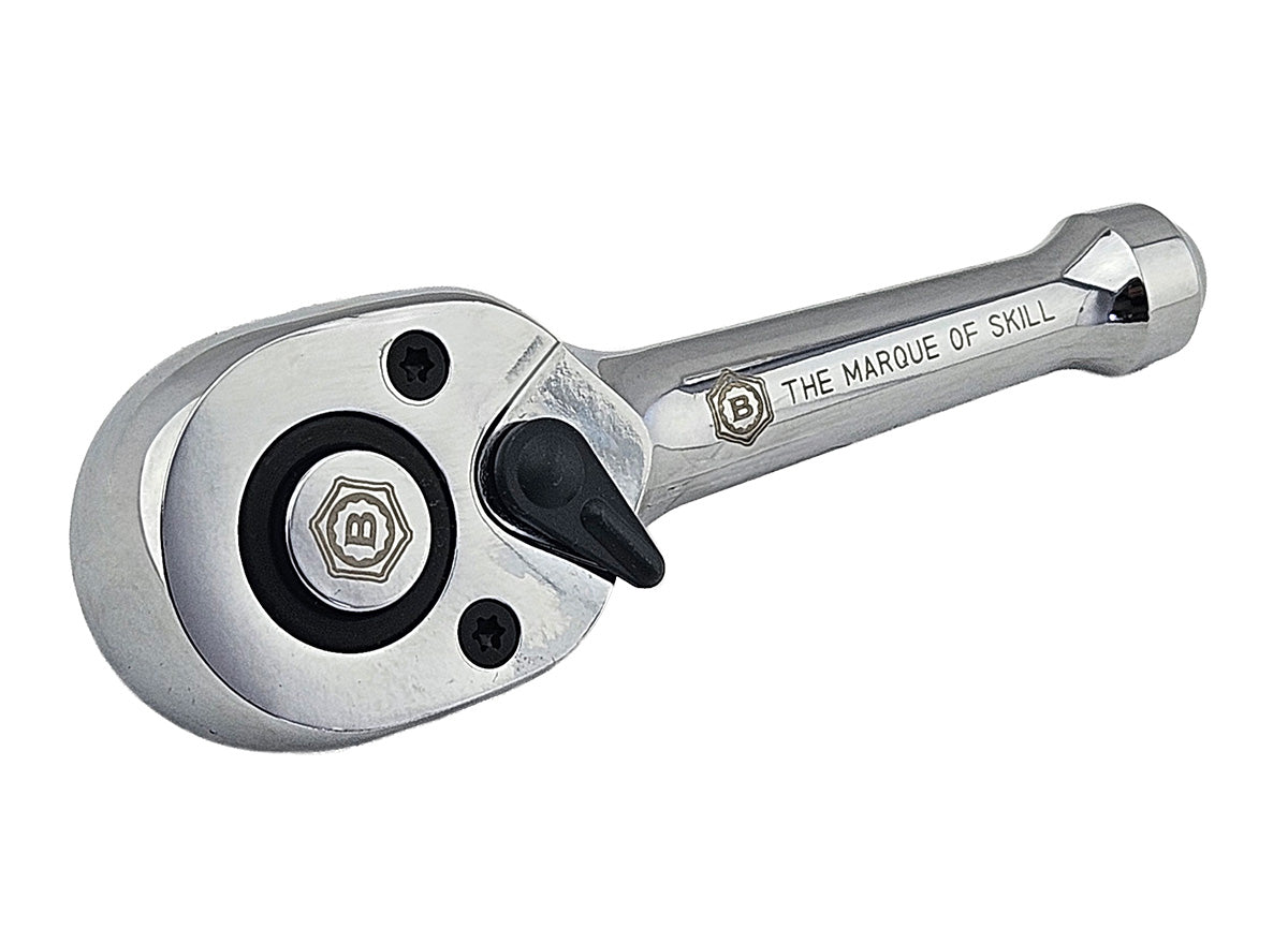 Britool Hallmark LRCOMP 1/2 inch drive stubby compact pear head ratchet 130mm long with 48 tooth mechanism and push button socket release.  Updated design and modern Marque of Skill branding.