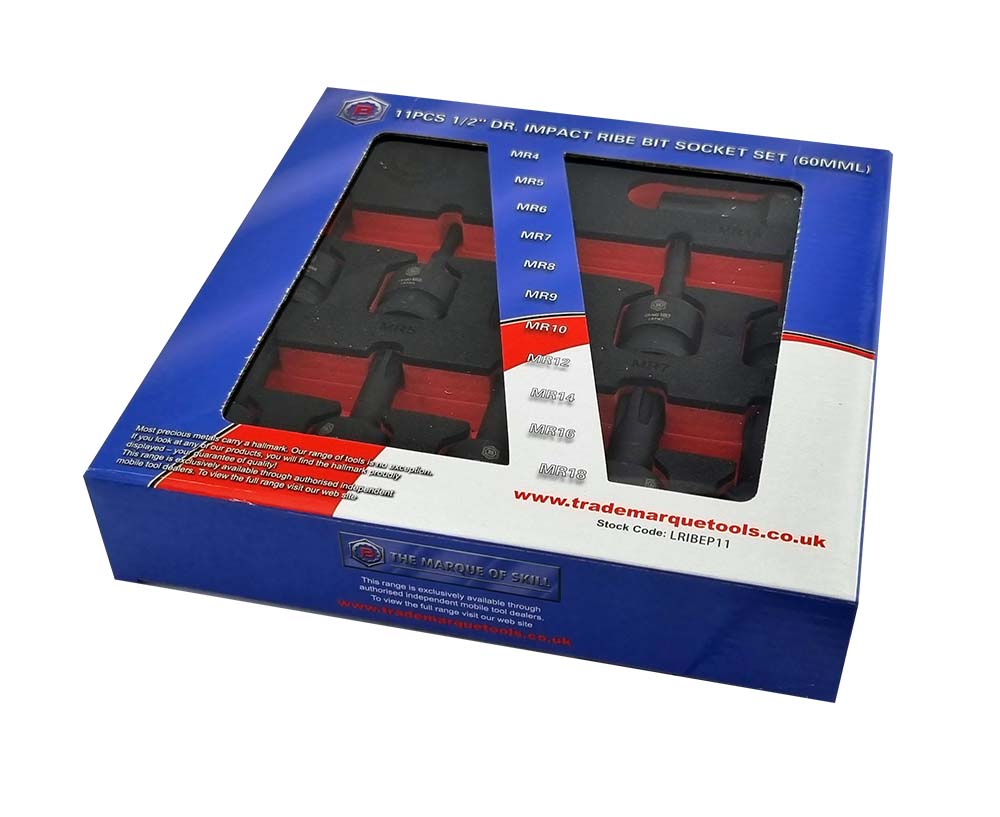 Britool Hallmark 1/2" drive ribe impact socket set shown in outer cardboard packaging.