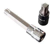 Britool Hallmark 3/8" drive chrome torx bit sockets from M2BTXSET22, showing both long and short profiles.