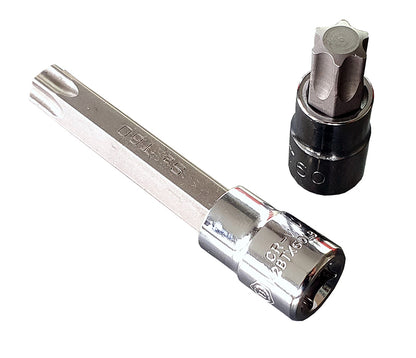 Britool Hallmark 3/8" drive chrome torx bit sockets from M2BTXSET22, showing both long and short profiles.