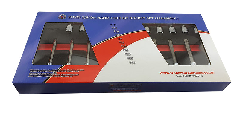 Britool Hallmark 3/8" drive 22 piece long and short torx bit socket set in tool control foam. Image showing outer cardboard packaging design.