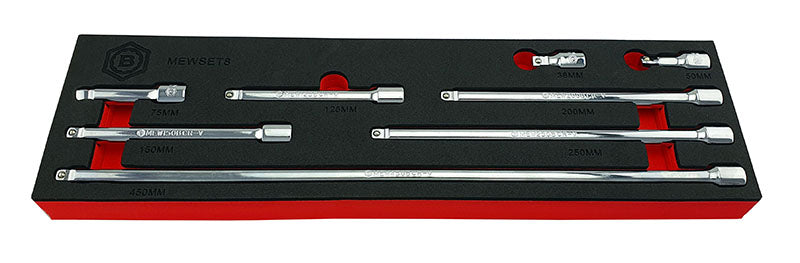 An 8-piece wobble extension bar set from Britool Hallmark, displayed in a tool control foam storage tray with sizes ranging from 38mm to 450mm.