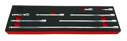 An 8-piece wobble extension bar set from Britool Hallmark, displayed in a tool control foam storage tray with sizes ranging from 38mm to 450mm.