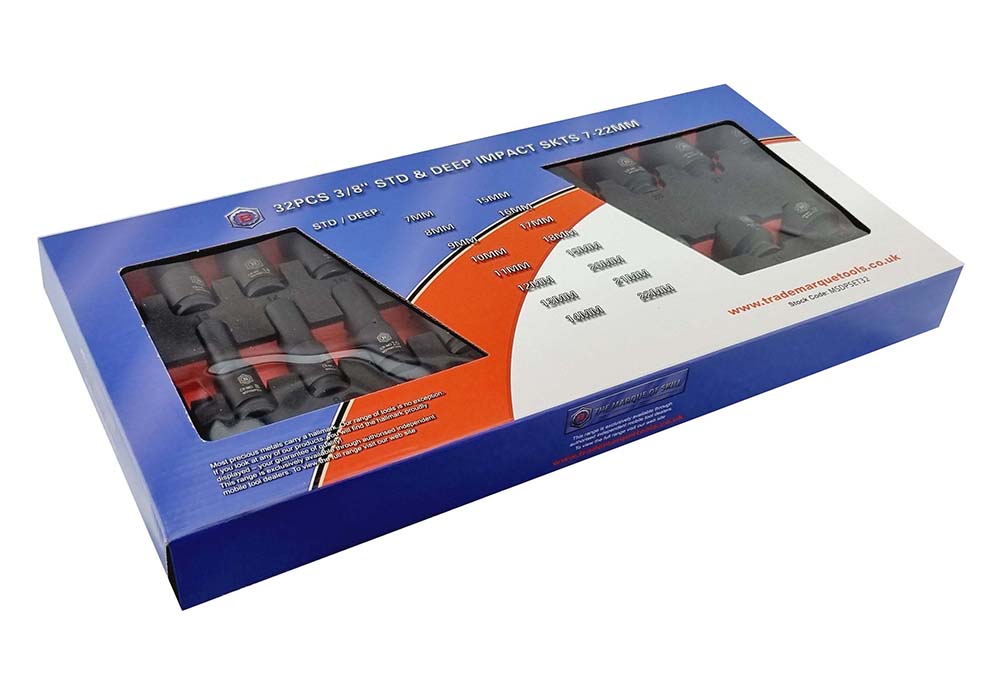 Britool Hallmark 3/8" drive Chrome Moly impact socket set 7-22mm shown in outer cardboard display packaging.